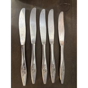 May include: Five stainless steel butter knives arranged on a dark wooden surface. Each knife has a curved blade and a handle with a floral design. The knives are evenly spaced, showcasing their polished appearance and classic design.