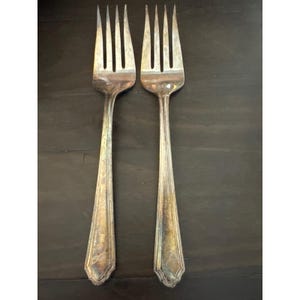 May include: Two silver-toned metal forks with four tines each. The forks feature a long, slender handle with a subtle, raised vertical line detail running down the center and a slightly pointed, decorative end. The metal shows signs of natural patina.
