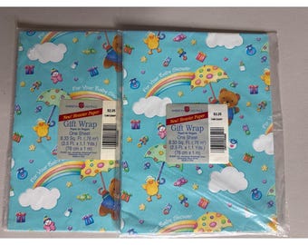 Vintage American Greetings Baby Shower Gift Wrap 2 Sheets Blue Bear Rainbows NEW