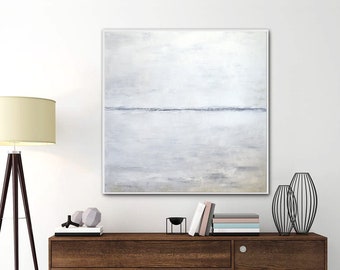 Large Art Soft White Abstract Painting On Canvas Square Minimalism Contemporary Art Oil Painting White Gray Beige Light Painting Sky Whitman