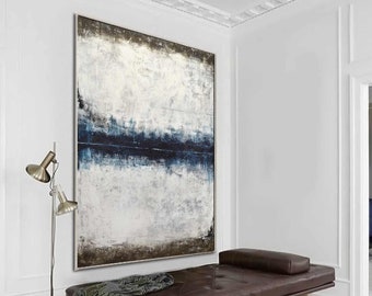 Vertical Contemporary Abstract Painting, Blue Brown Gray Wall Art, Original Loft Style Hand Painted Large Artwork, US Gallery By Whitman