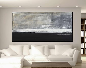 Pintura original panorámica larga, arte mural abstracto extra grande, pintura al óleo moderna, arte marrón blanco negro sobre lienzo, arte contemporáneo