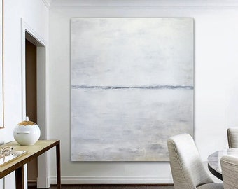 White Minimalist Contemporary Abstract Greige Painting Large Artwork Modern Soft White Gray Beige Wall Décor Vertical Painting Sky Whitman