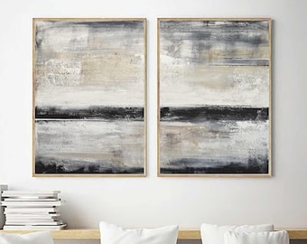 Set of Two Abstract Diptych Paintings, Large Original Wall Art, Earth Tones Artwork, Contemporary 2 Piece Horizon Art Oil Paintings
