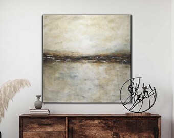 Large Oil Painting Original Landscape Abstract Art, Sienna Umber Square Wall Art Painting, Contemporary Horizon Art Interior Design Whitman