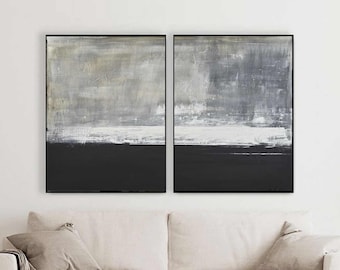 Black Brown White 2 Piece Abstract, Set of Two Large Wall Art Paintings, Abstract Landscape High End Artwork, Diptych Oil Paintings