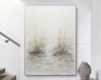 Light Garden Painting Original Impressionism Artwork Trees Brown Sienna White Decor Handmade Wall Art