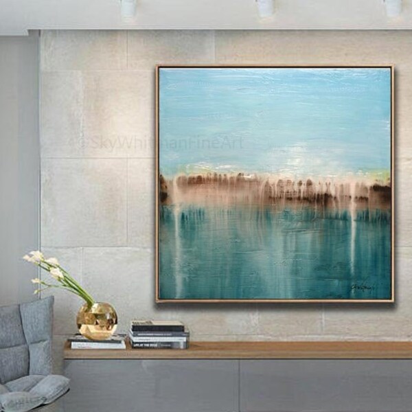 Gran cuadrado pintura original arte abstracto moderno texturizado pintura al óleo azul ámbar café brillo pintura 36x36 por Sky Whitman