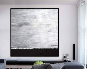 Minimalist Art Black and White Painting Large Wall Art Abstract Painting Minimal Landscape Huge Gray Oil Painting Artwork by Sky Whitman