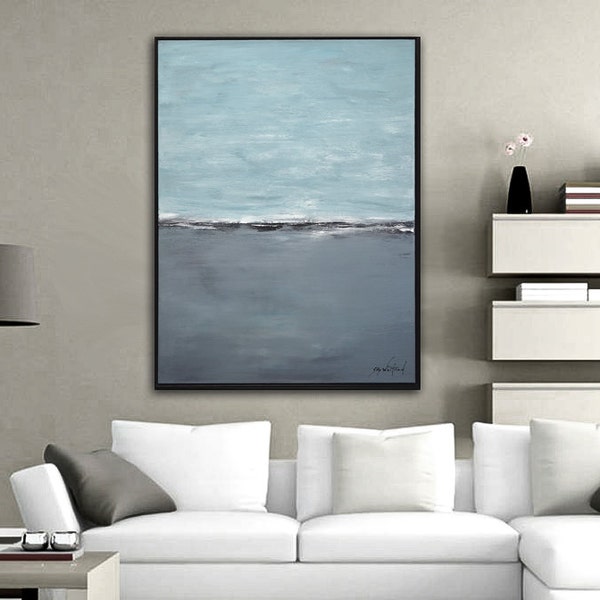 Enmarcado 30 x 40 Original arte abstracto moderno contemporáneo Arte gris óleo azul marino grande por Whitman cielo la pintura de paisaje