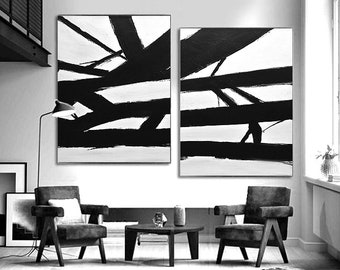 2 Piece Large Original Abstract Painting Modern Minimalist Art Black and White Diptych Painting SET OF TWO Framed Art Franz Kline Inspired