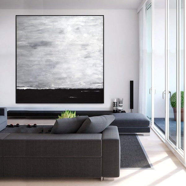 Grande Original minimalista pintura abstracta moderna del arte 48 x 48 y negro pintura gris con textura de la pintura al óleo abstracta de arte listo para colgar