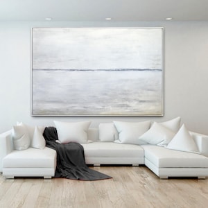 Minimalist White Painting LARGE Abstract Art Contemporary Modern Art Gray Taupe Black and White Landscape Huge Oil Painting by Sky Whitman