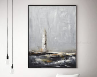 Seascape Painting Abstract Art Lighthouse Impressionism Original Modern Painting Gray Black Amber Oil Painting Large Artwork by Sky Whitman