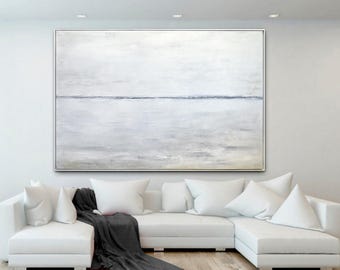 Minimalist White Painting LARGE Abstract Art Contemporary Modern Art Gray Taupe Black and White Landscape Huge Oil Painting by Sky Whitman