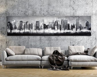 Large panoramic painting New York huge 20 x 84 cityscape black and white NYC original abstract art skyline urban oil painting Sky Whitman