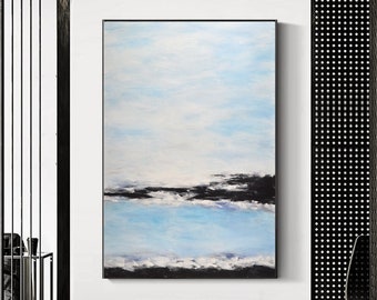 Huge Blue Abstract Painting Horizon Blue Black Contemporary Home Decor Sky Art Clouds Painting Ocean Art On Canvas READY TO HANG Seascape