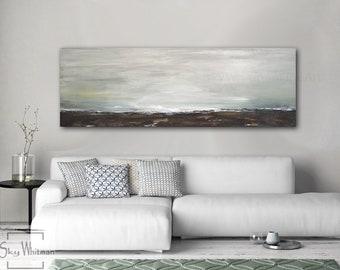 Large original oil painting ready to ship panoramic abstract artwork gray brown landscape handmade art float frame optional by Sky Whitman