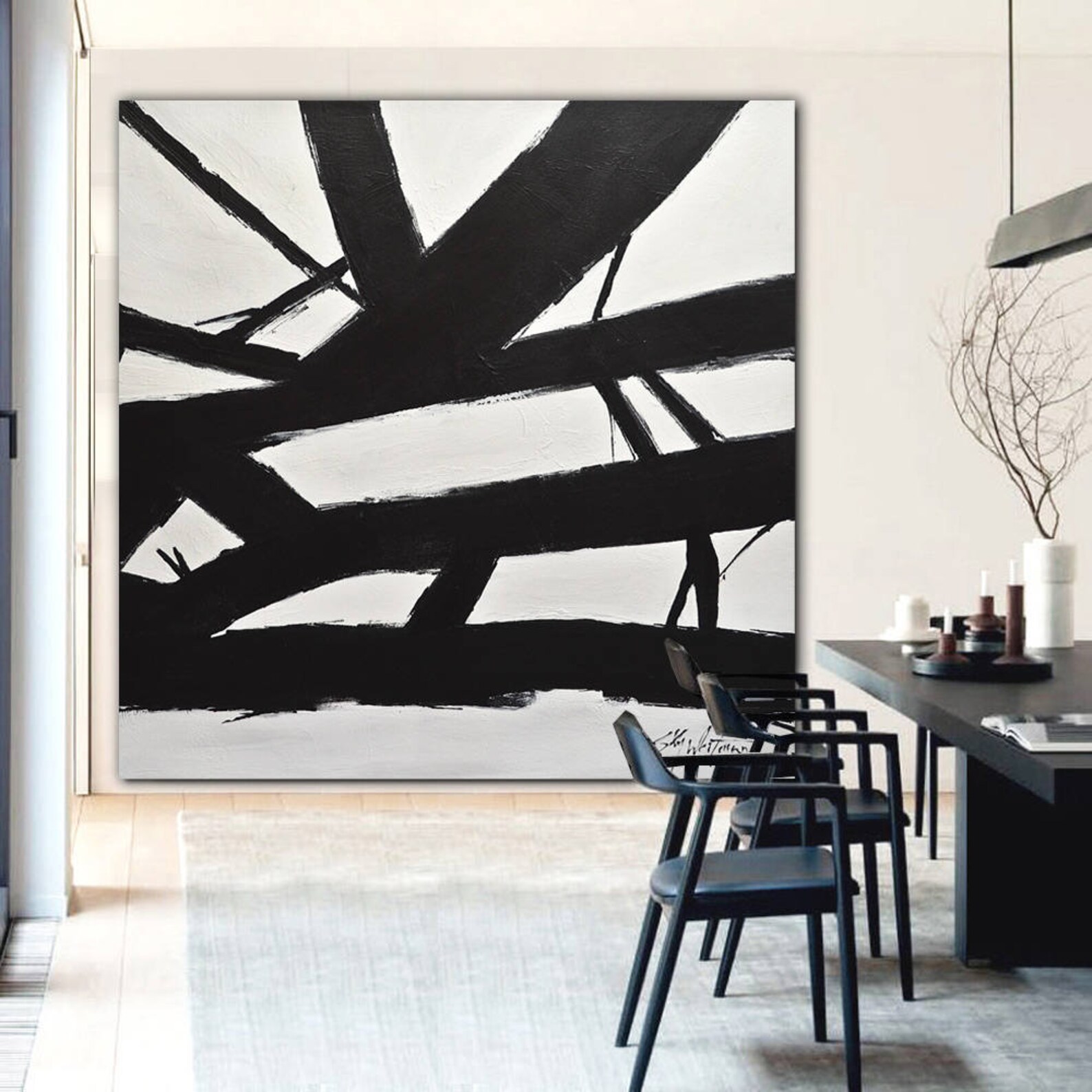 Minimalist Painting Black and White Abstract Art Large Wall | Etsy