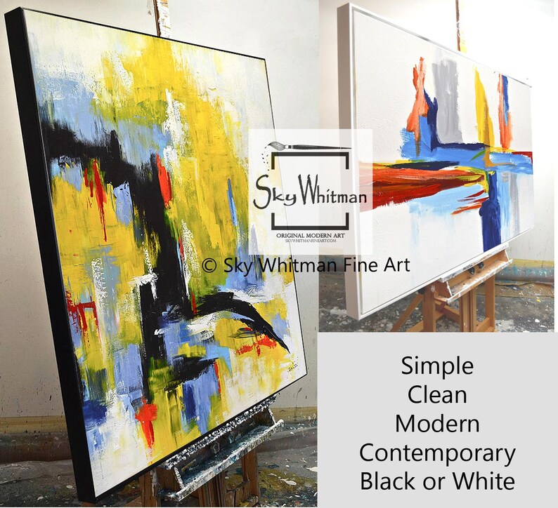 May include: Two abstract paintings on canvases with black frames. The painting on the left is a vertical composition with bold strokes of yellow, blue, red, and black. The painting on the right is a horizontal composition with a white background and bold strokes of red, blue, yellow, and gray. The text "Sky Whitman Fine Art" is visible in the bottom right corner of the image.