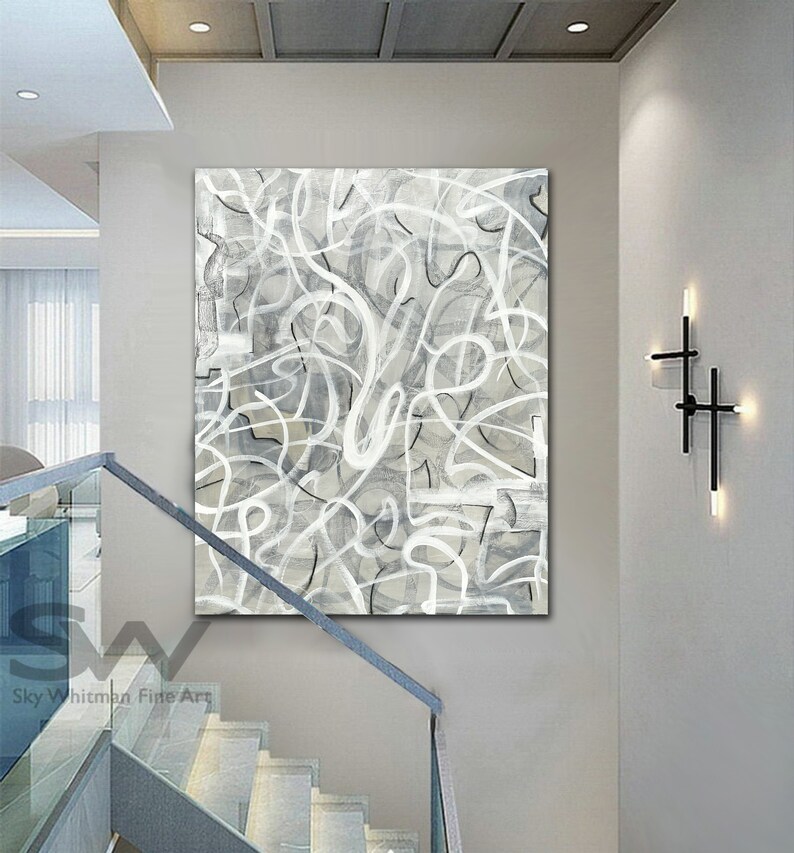 Large One Of A Kind Oil Painting White Greige Abstract Art Unique High Quality Expressionist Painting On Canvas Ready To Hang by Sky Whitman image 9