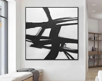 Pintura abstracta expresionista en blanco y negro de mediados de siglo, ideal para sala de estar u oficina. Arte enmarcado sobre lienzo.