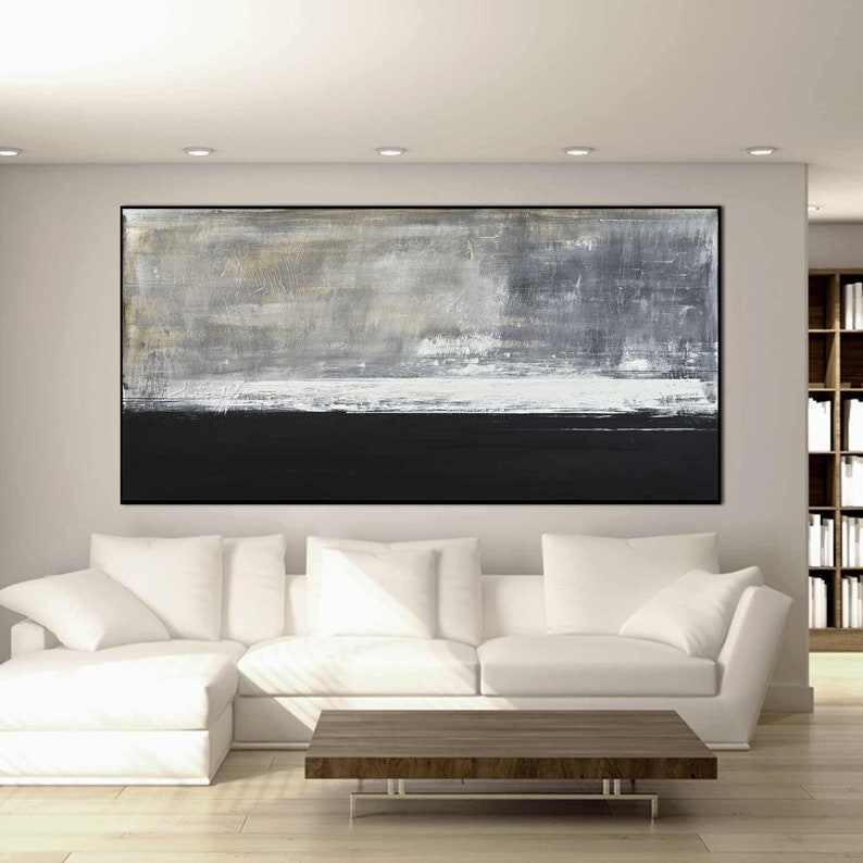 Long Panoramic Original Painting, Extra Large Abstract Wall Art, Modern Oil Painting, Black White Brown Art On Canvas, Contemporary Art image 1