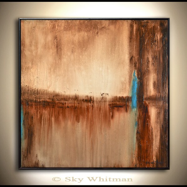 Big Abstract Painting 30x30 Square Oil Painting Modern Brown and Rust Earth Tones Rustic Original Abstract Art Glass Like Finish Sky Whitman