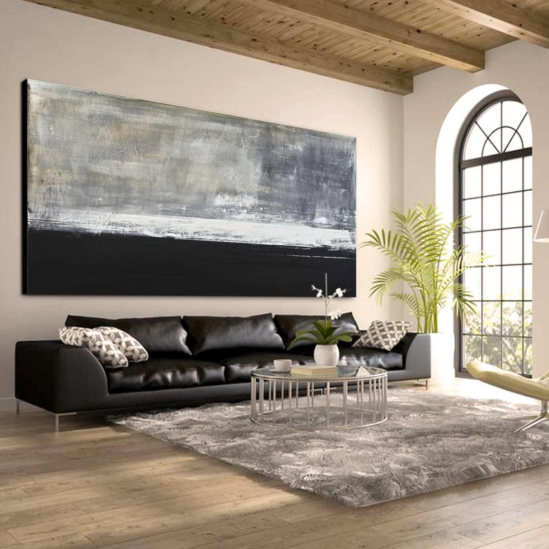 Long Panoramic Original Painting, Extra Large Abstract Wall Art, Modern Oil Painting, Black White Brown Art On Canvas, Contemporary Art image 3