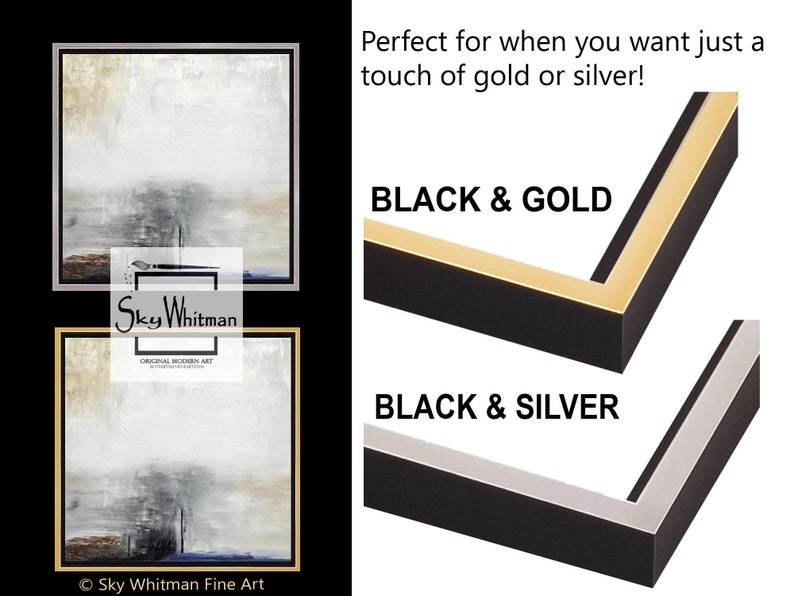 May include: Two close-up images of black picture frames with gold and silver trim. The text "BLACK & GOLD" and "BLACK & SILVER" is visible below each frame.