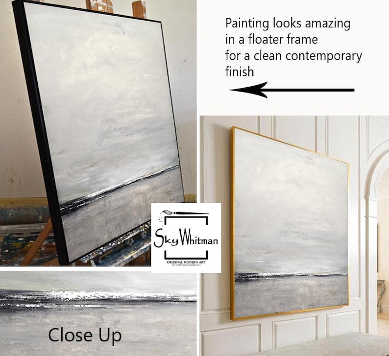 Puede incluir: Pintura abstracta de paisaje en tonos grises y blancos con un toque de plata. La pintura est&aacute; enmarcada en un marco flotante negro y se apoya en un caballete de madera. La pintura se titula "Sky Whitman" y se describe como "Arte Moderno Original".