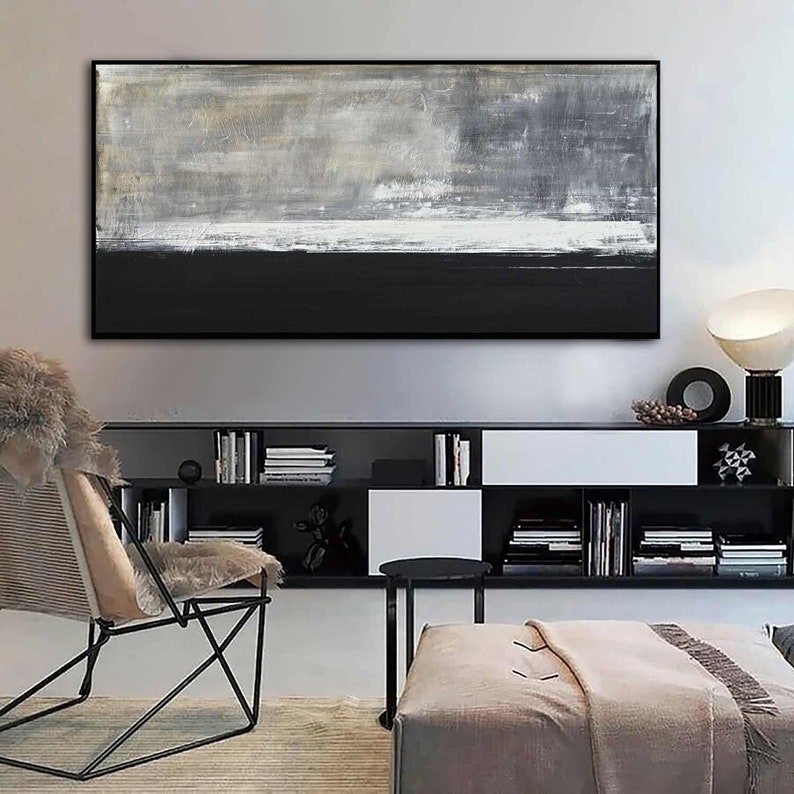 Long Panoramic Original Painting, Extra Large Abstract Wall Art, Modern Oil Painting, Black White Brown Art On Canvas, Contemporary Art image 2