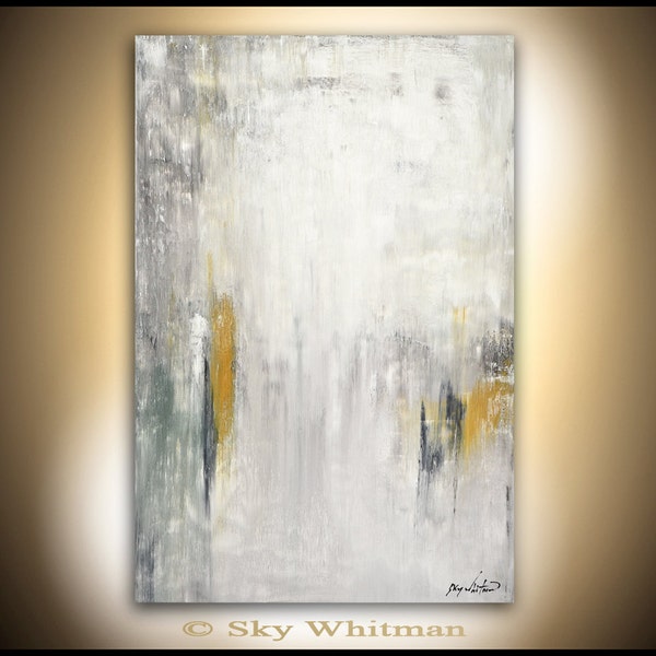Abstract Large Painting 24 x 36 Original Modern Contemporary Art Gray White Acrylic Painting Wall Art Decor by Sky Whitman
