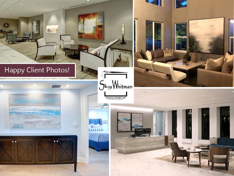May include: Four photos showcasing abstract paintings in various interior settings. The paintings feature a mix of blue, gray, and white hues, with some incorporating hints of orange and yellow. The paintings are displayed in a lobby, a living room, a hallway, and an office space.