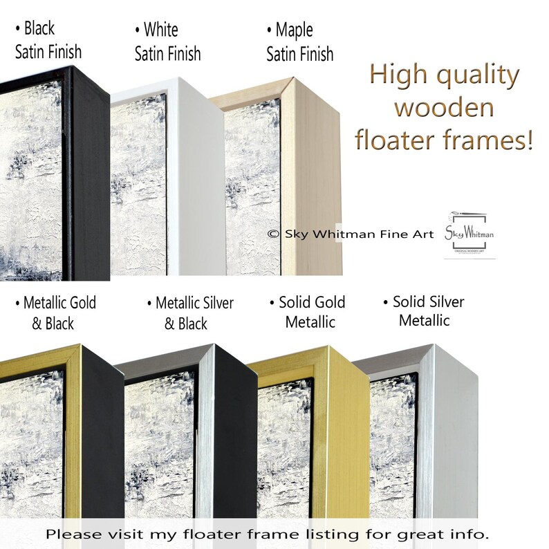 Puede incluir: Seis marcos flotantes de madera diferentes para obras de arte. Los marcos se muestran en sat&eacute;n negro, sat&eacute;n blanco, sat&eacute;n de arce, oro met&aacute;lico y negro, plata met&aacute;lica y negro, oro met&aacute;lico s&oacute;lido y plata met&aacute;lica s&oacute;lida.