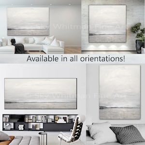Puede incluir: Una pintura abstracta horizontal con un fondo blanco y una fina l&iacute;nea gris que representa un horizonte. La pintura est&aacute; disponible en todas las orientaciones.
