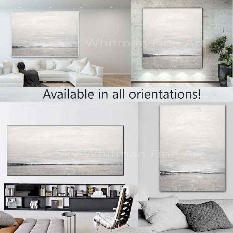 Puede incluir: Una pintura abstracta horizontal con un fondo blanco y una fina l&iacute;nea gris que representa un horizonte. La pintura est&aacute; disponible en todas las orientaciones.