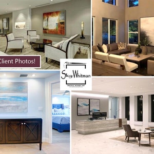 May include: Four photos showcasing abstract paintings in various interior settings. The paintings are in shades of blue, gray, and white, with a textured brushstroke effect. The paintings are displayed in a lobby, a living room, a hallway, and an office.