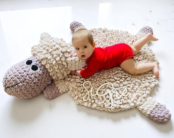 Handmade Sheep Play Mat – Alize Puffy Nursery Rug, Knitted Floor Mat