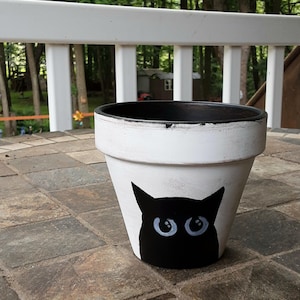 Puede incluir: Una maceta de terracota blanca con un borde interior negro. El exterior presenta una silueta pintada a mano de una cabeza de gato negra con grandes ojos azul claro centrados en el frente. La pintura blanca tiene un acabado texturizado.