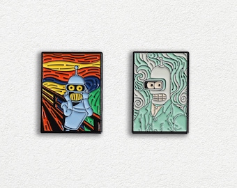 Art-Inspired Cartoon Robot Enamel Pin – The Scream Inspired & Van Gogh Style Pin