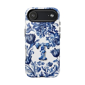 Personligt blått Delft Chinoiserie-telefonskal, anpassat blommigt monogramfodral