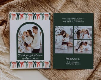 May include: A Christmas card with a green background and a photo of a family in front of a Christmas tree. The text on the card reads "Merry Christmas Johnson Family" and "May your heart be light, your days be merry, and your season bright. All our love, The Johnsons Ryan, Kim & June."
