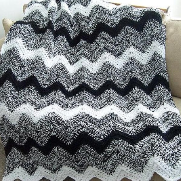 Pattern Only Black and White Ripple Crochet afghan blanket INSTANT DOWNLOAD PDF