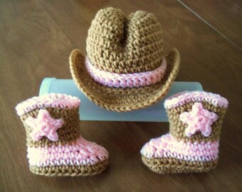 COWGIRL baby Hat & Boots, FREE SHIP Newborn - 3 months crochet Photo Prop Custom boy girl brown pink halloween