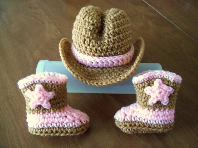 COWGIRL Baby Hat Boots, FREE SHIP Newborn Months Crochet