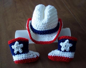 COWBOY baby Hat & Boots, FREE SHIP red white and blue Newborn to 3 months crochet Photo Prop Custom boy girl