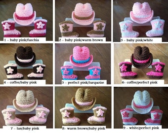 U Choose COWGIRL hat and boots set, FREE SHIP newborn - 3 mo, Custom crochet Photo Prop cowboy