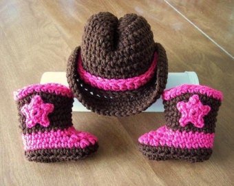 COWBOY baby Hat & Boots, FREE SHIP brown Newborn to 3 months crochet Photo Prop Custom boy girl