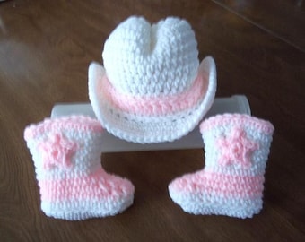 COWGIRL baby Hat & Boots, FREE SHIP white pink Newborn to 3 months crochet Photo Prop Custom cowboy girl Halloween